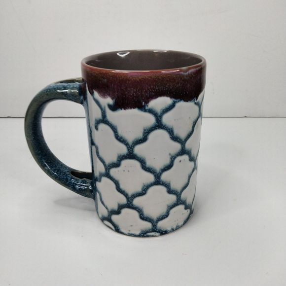 POTTERY ARTIST FOLK COFFEE MUG CUP CREAM BLUE WITH SPOON HOLDER HANDEL 4.75" - Picture 1 of 10